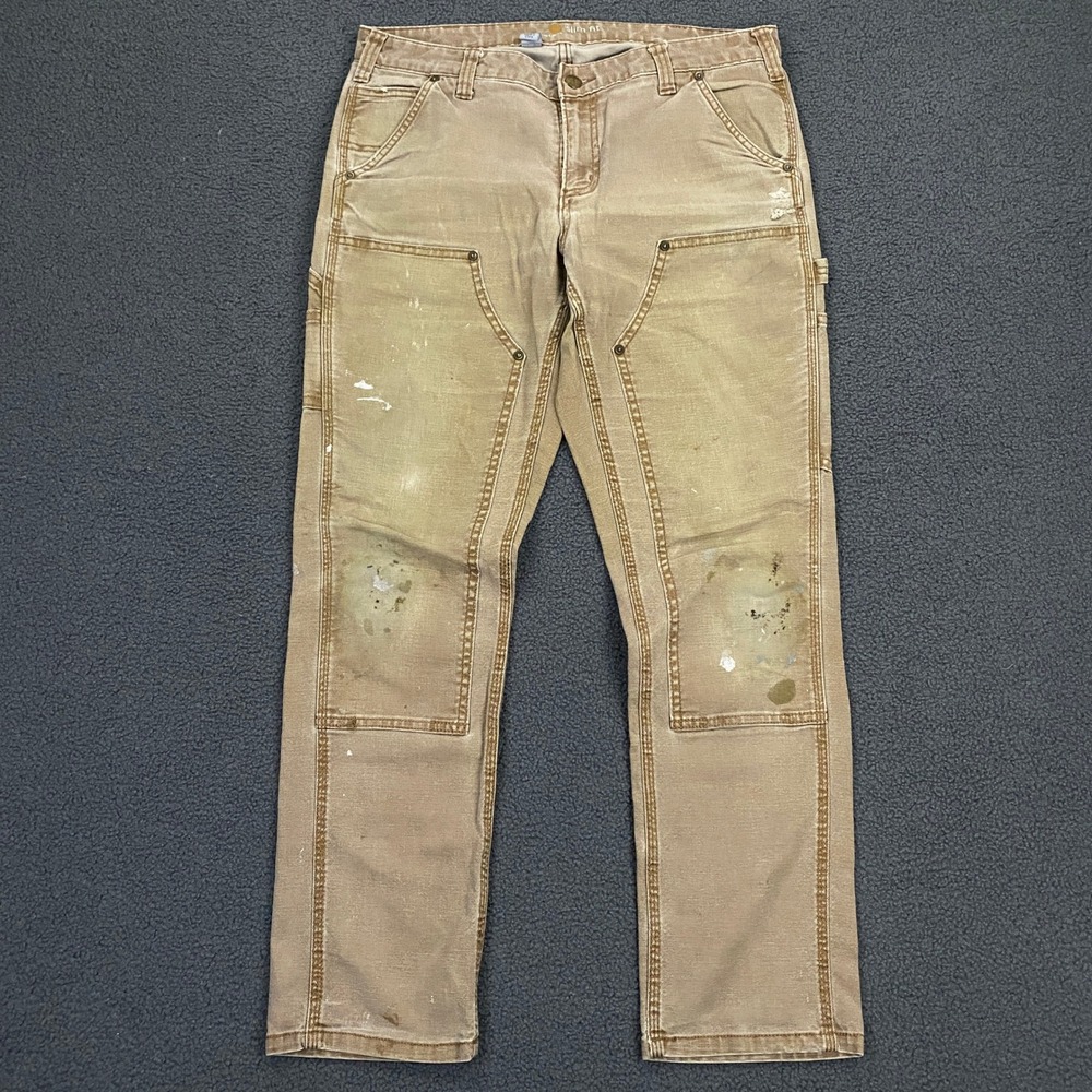 Carhartt Double Knee Pants Women Size 8 Short Tan Slim Fit Utility Workwear